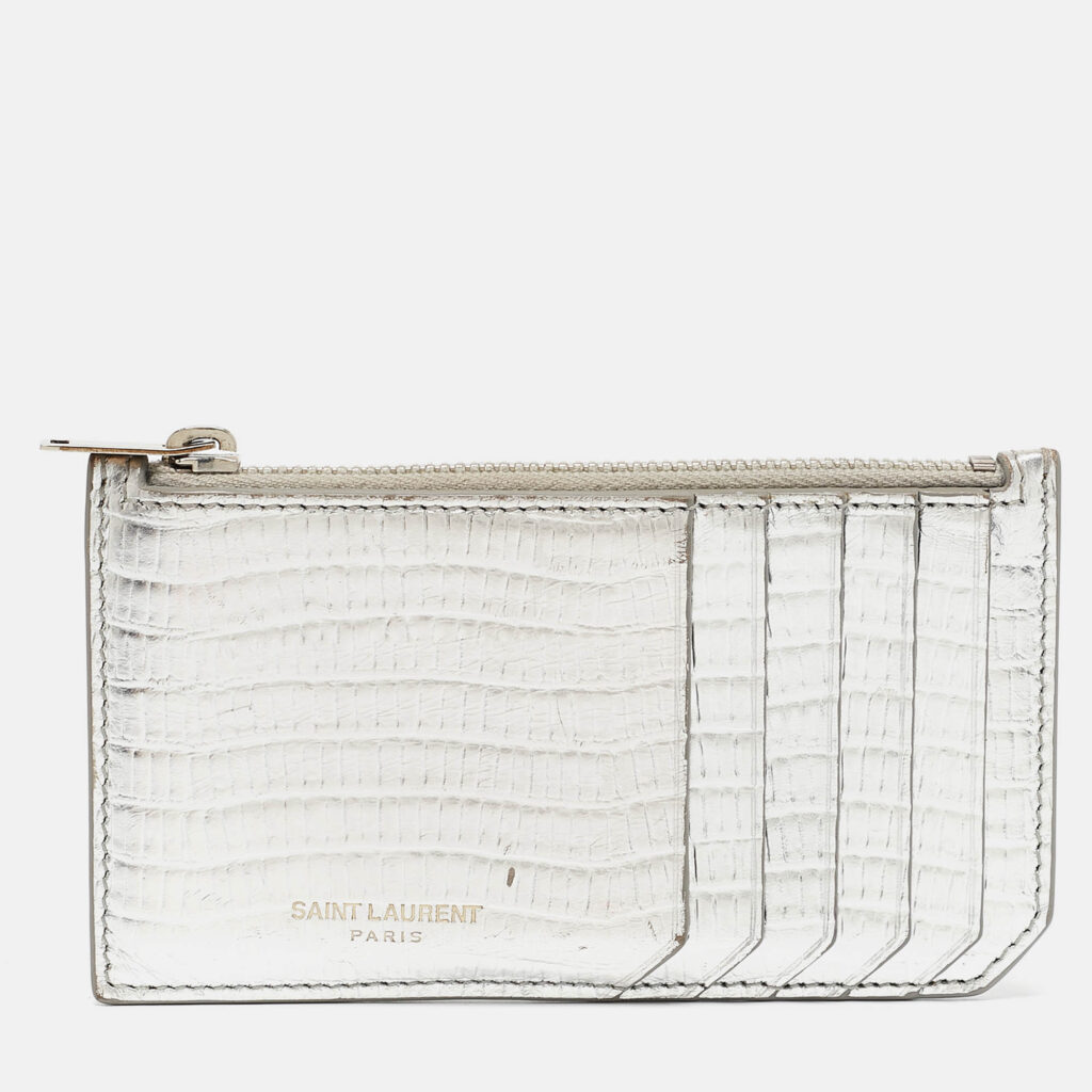 luxury-women-saint-laurent-paris-used-handbags-p1090814-010.jpg Saint Laurent Silver Textured Leather Zip Card Holder
