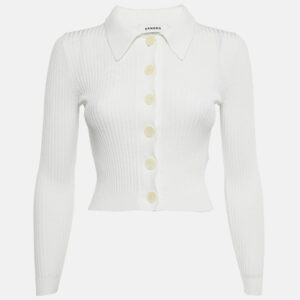 sandro white rib knit button front fitted top xs