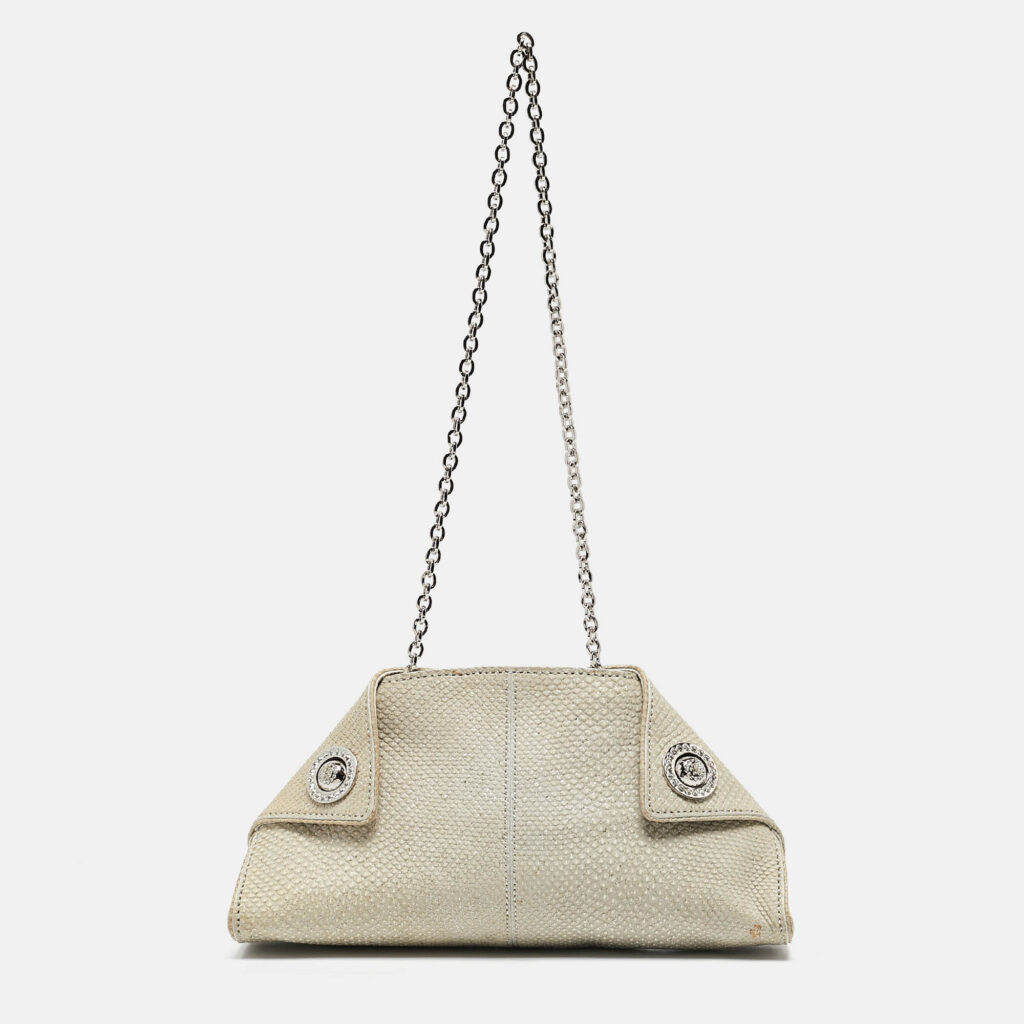 Tod's Light Grey Shimmer Lizard New Girelli Chain Clutch