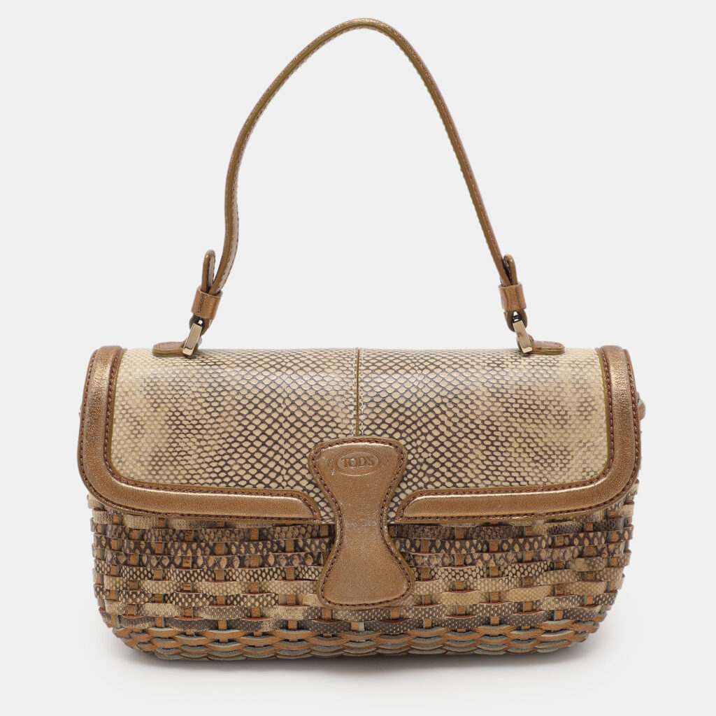 Tod's Gold/Beige Woven Leather Shoulder Bag
