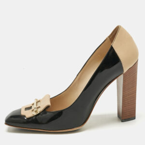 tod's black/beige patent leather and leather block heel square toe pumps size 39