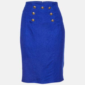 versace collection blue cady button detail pencil skirt l