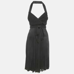 versace black jersey & silk halter neck backless belted mini dress m