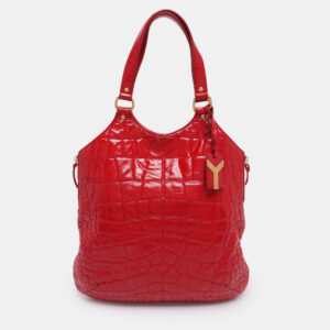 yves saint laurent red croc embossed patent leather tribute tote