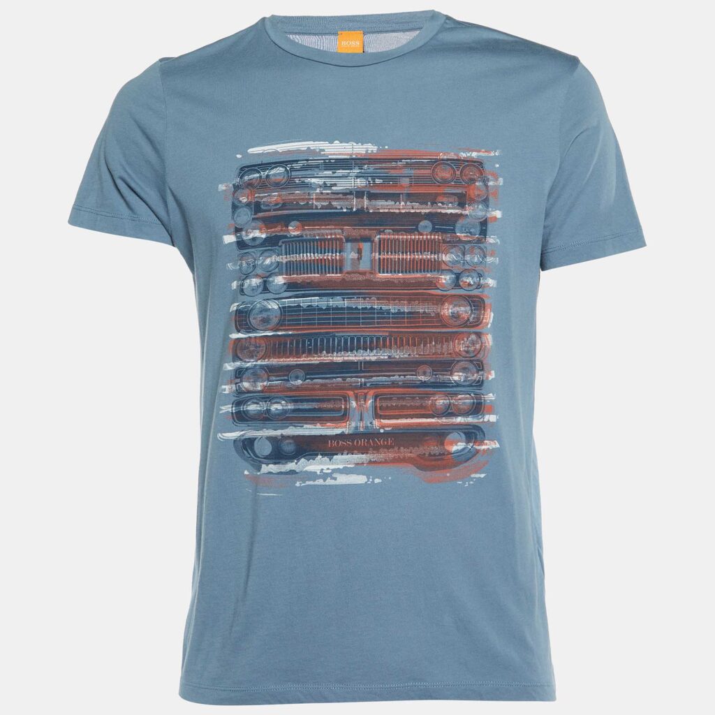 luxury-men-boss-by-hugo-boss-used-clothes-p1019788-003.jpg Boss By Hugo Boss Orange Grey Printed Cotton Talking 2 Crew Neck T-Shirt M