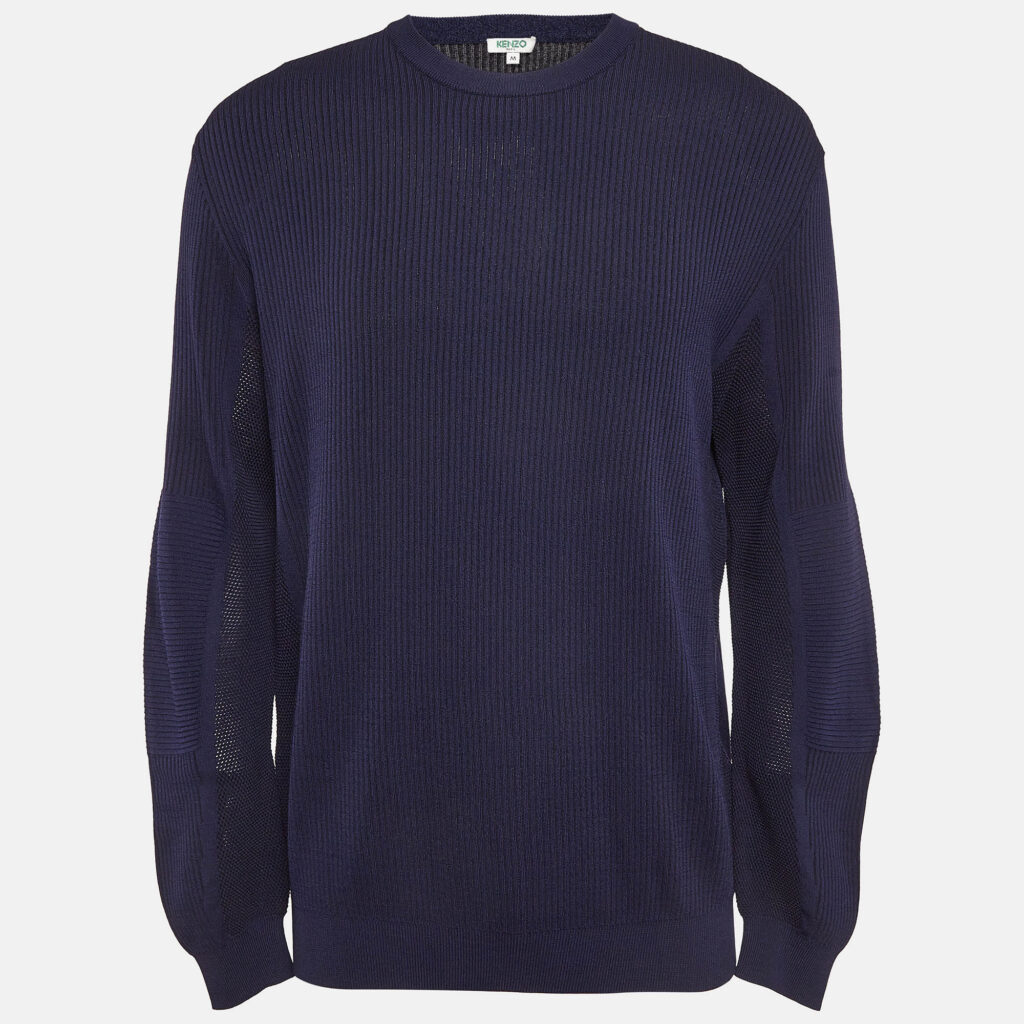luxury-men-kenzo-used-clothes-p1014735-001.jpg Kenzo Navy Blue Logo Intarsia Rib Knit Sweater M