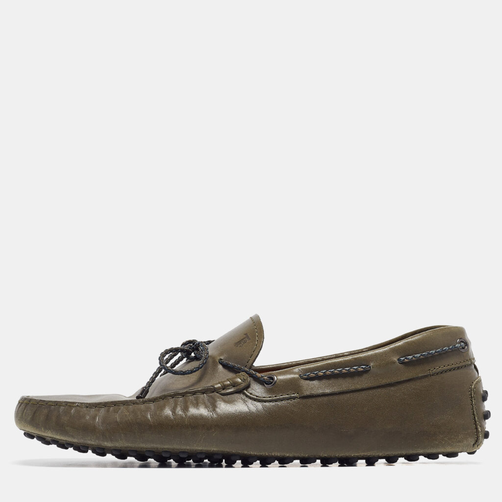 Tod's Dark Green Leather Bow Loafers Size 43