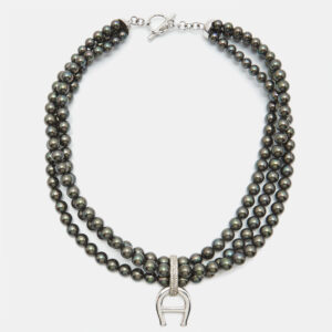 aigner logo crystals black faux pearls silver tone  multistrand necklace