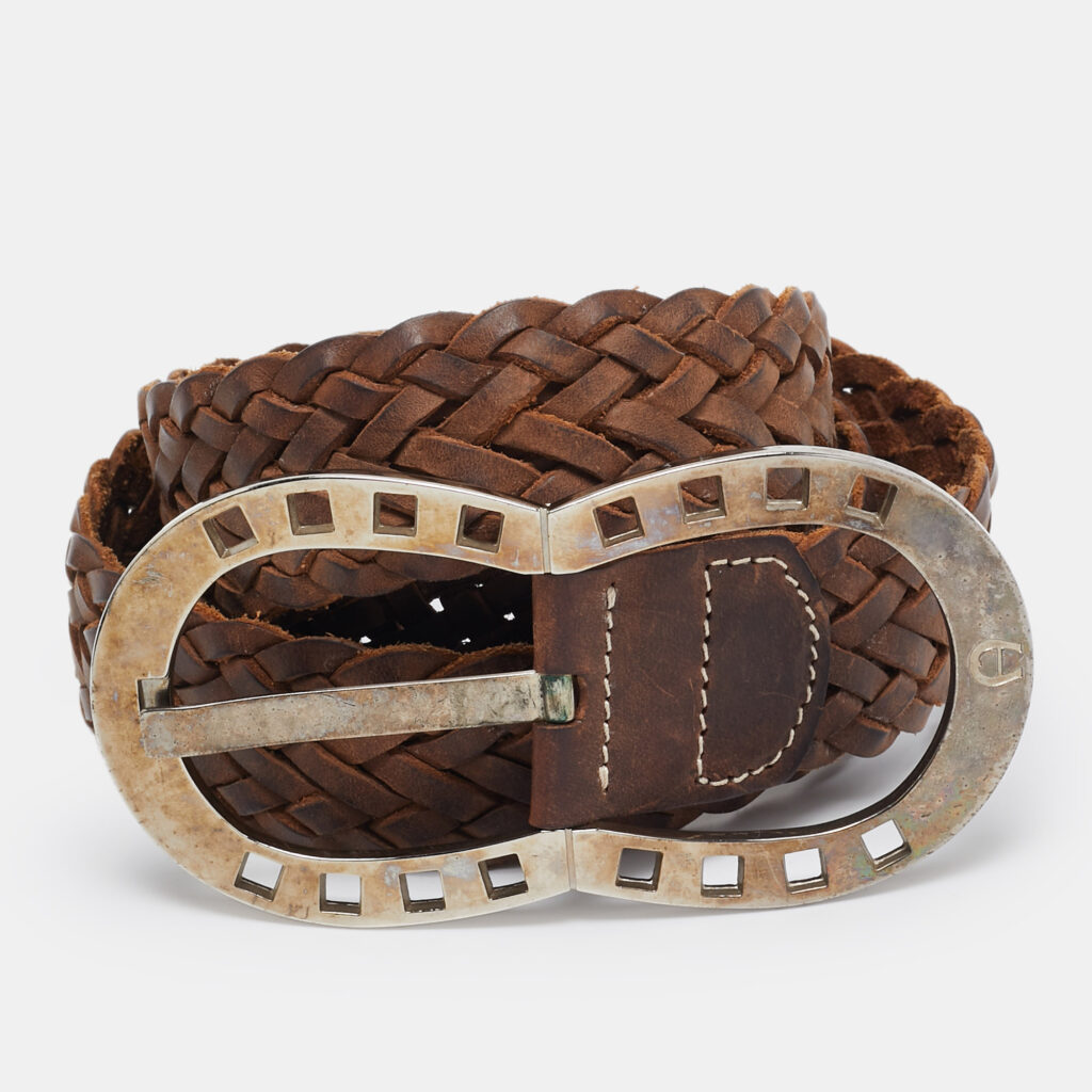luxury-women-aigner-used-accessories-p1013161-005.jpg Aigner Brown Braided Leather Buckle Belt 90 CM