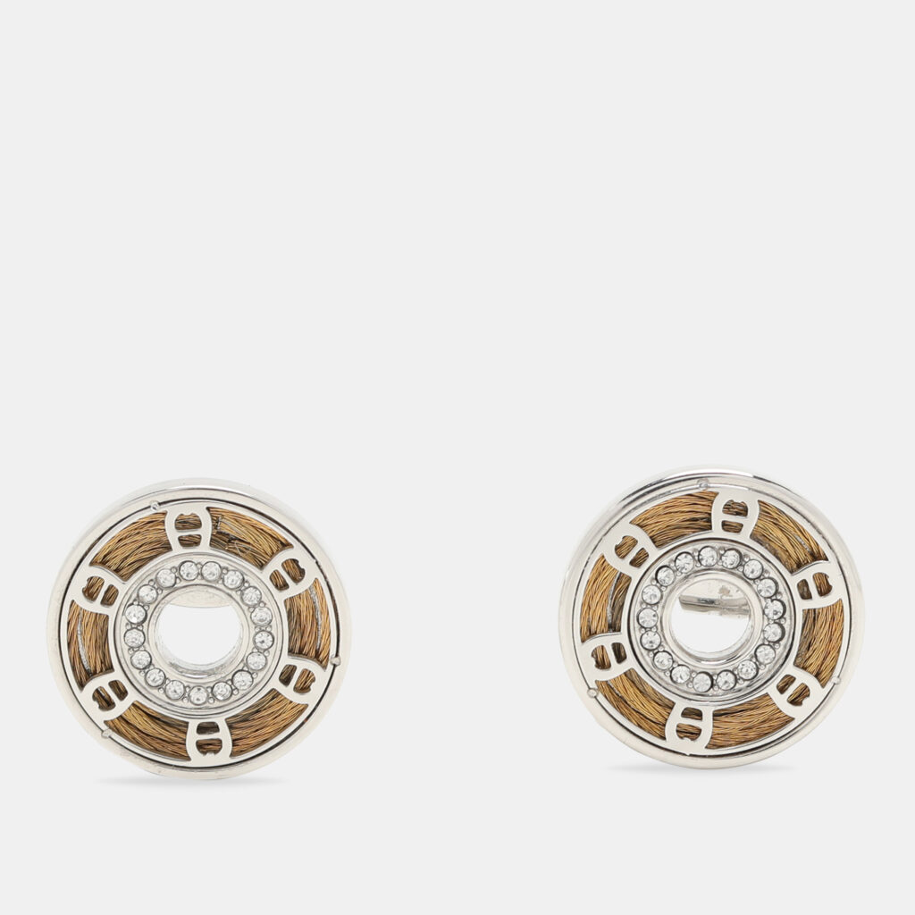 luxury-women-aigner-used-accessories-p1074129-005.jpg Aigner Silver Tone Metal Crystal Logo Stud Earrings