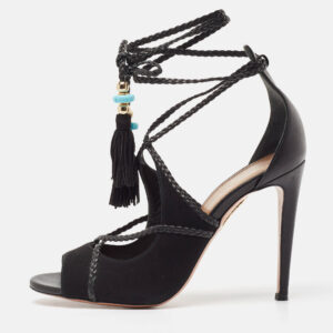 aquazzura black leather and suede ankle wrap sandals size 37