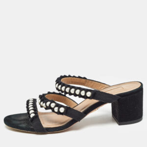 aquazzura black suede and canvas love story slide sandals size 37.5