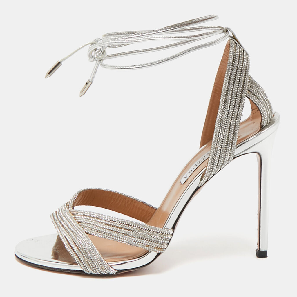 luxury-women-aquazzura-used-shoes-p1088358-001.jpg Aquazzura Silver Leather Crystal Embellished Ari Ankle Wrap Sandals Size 39