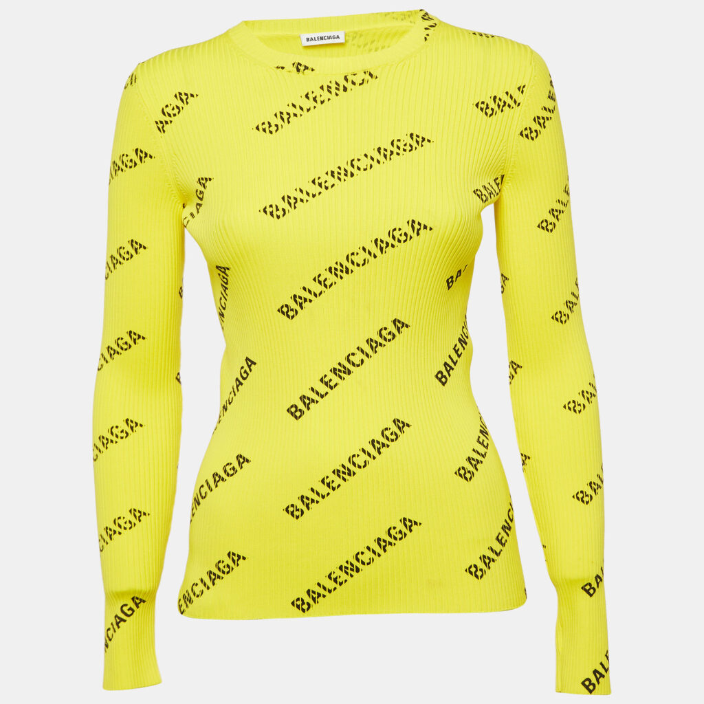 luxury-women-balenciaga-used-clothes-p1032277-004.jpg Balenciaga Yellow Logo Print Rib Knit Full Sleeve Top M