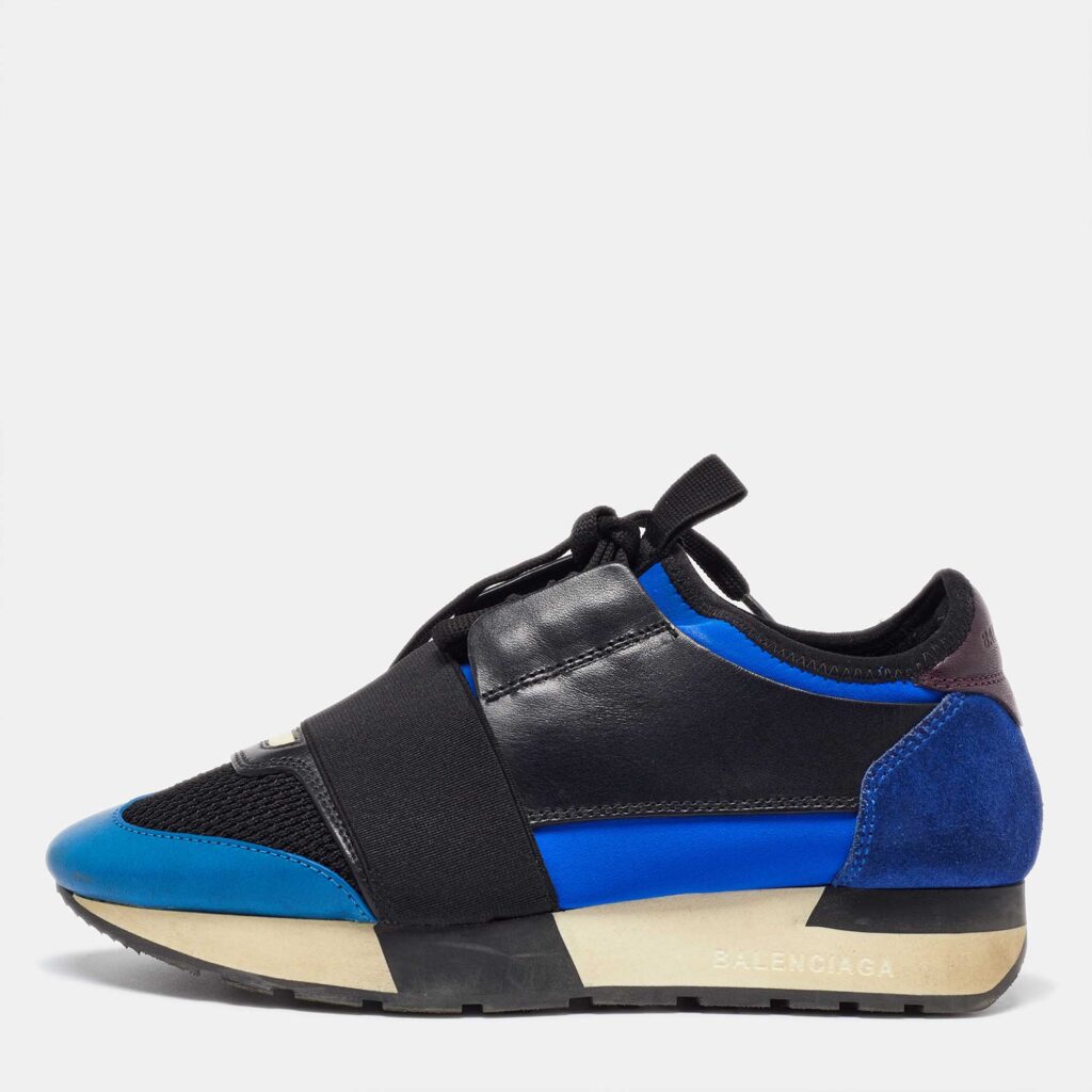 luxury-women-balenciaga-used-shoes-p1020755-003.jpg Balenciaga Blue/Black Leather and Mesh Race Runner Sneakers Size 35