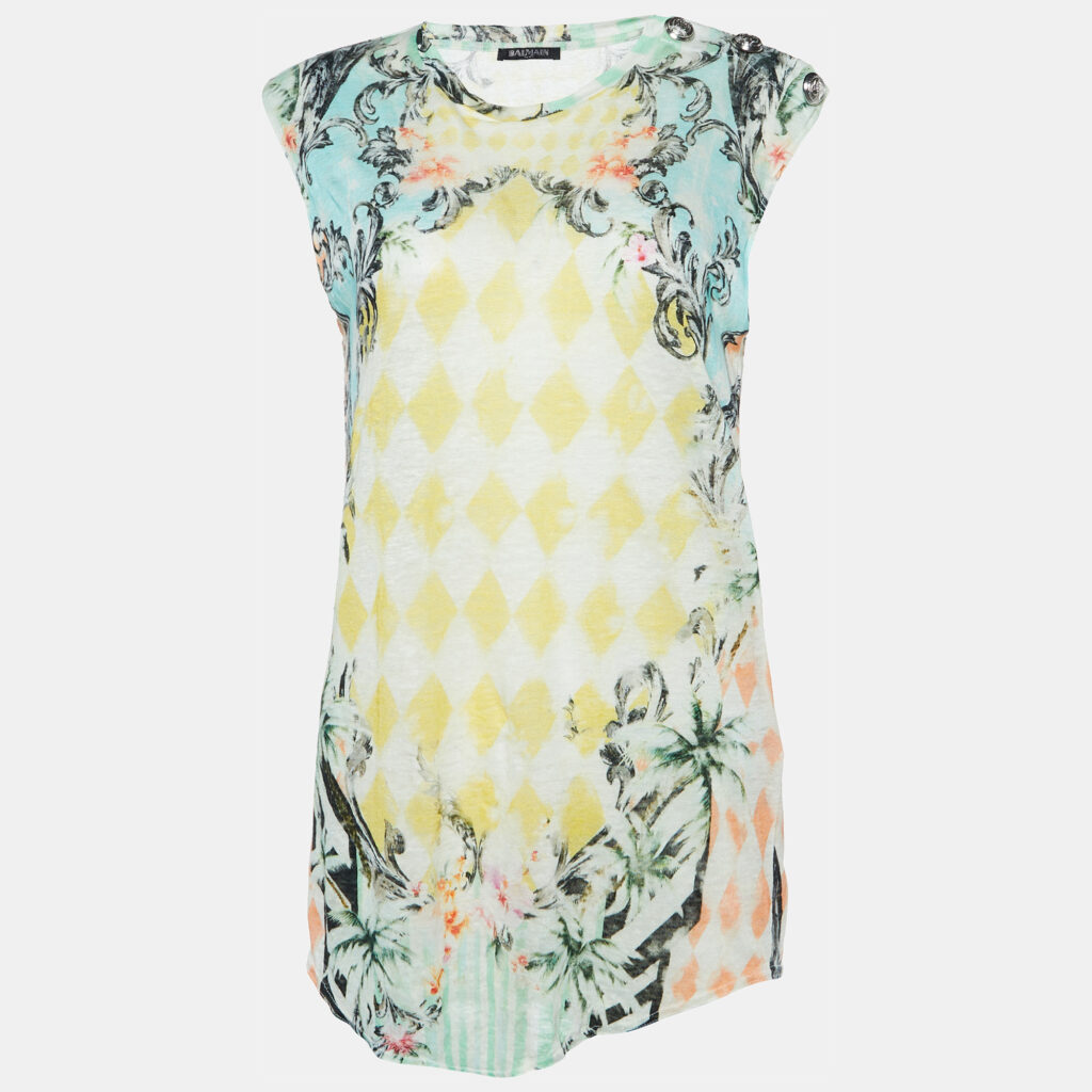 Balmain Multicolor Floral Print Linen Jersey Tank Top M