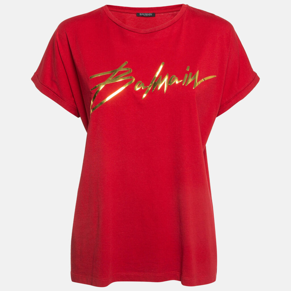 luxury-women-balmain-used-clothes-p1004599-001.jpg Balmain Red Foil Logo Printed Cotton T-Shirt M