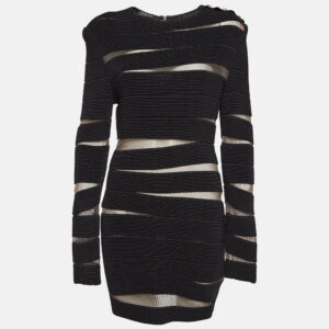 balmain black open knit long sleeve mini dress l