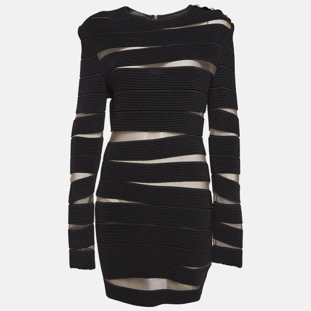 luxury-women-balmain-used-clothes-p1032145-002.jpg Balmain Black Open Knit Long Sleeve Mini Dress L