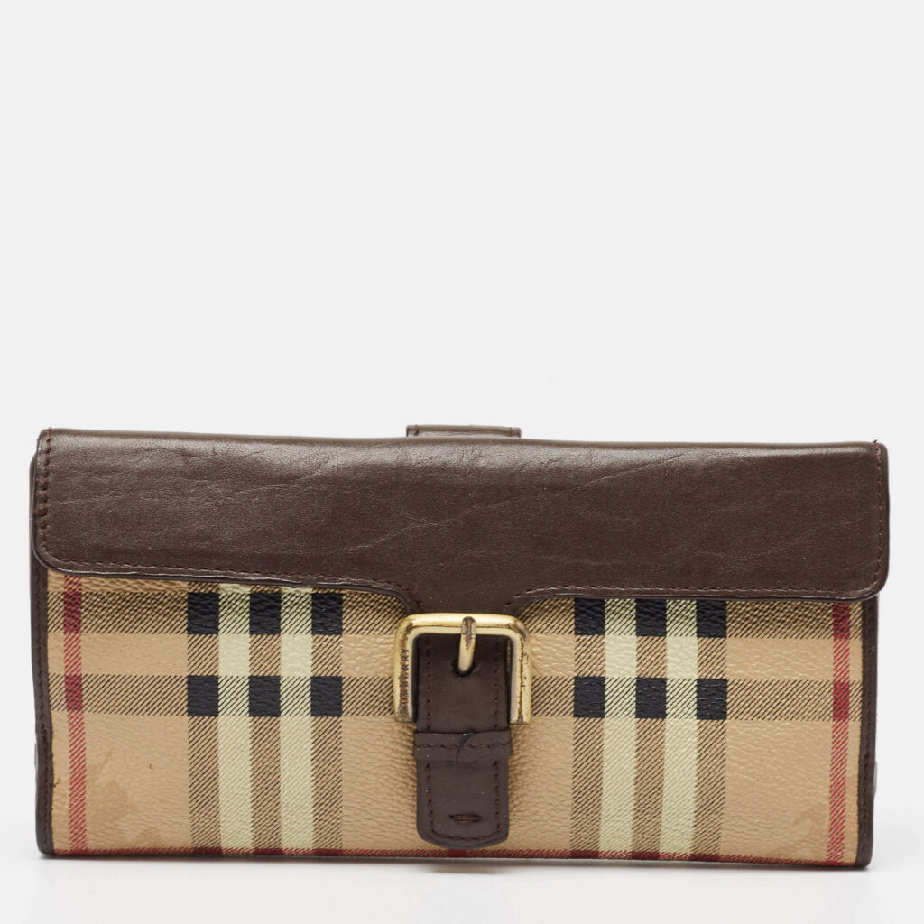 luxury-women-burberry-used-handbags-p1010056-012.jpg Burberry Brown/Beige Haymarket PVC and Leather Buckle Flap Continental Wallet