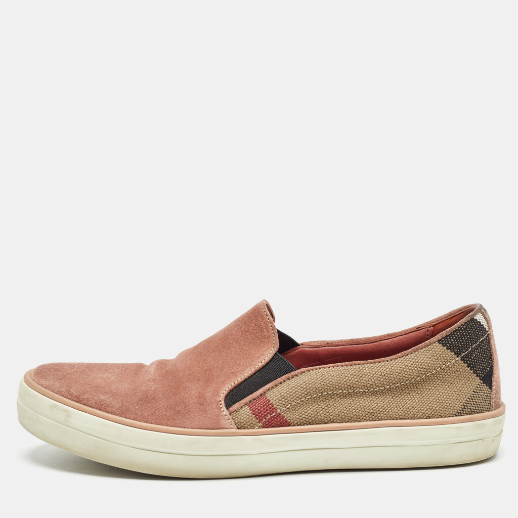 luxury-women-burberry-used-shoes-p1015493-001.jpg Burberry Pink Suede and Check Canvas Gauden Sneakers Size 36