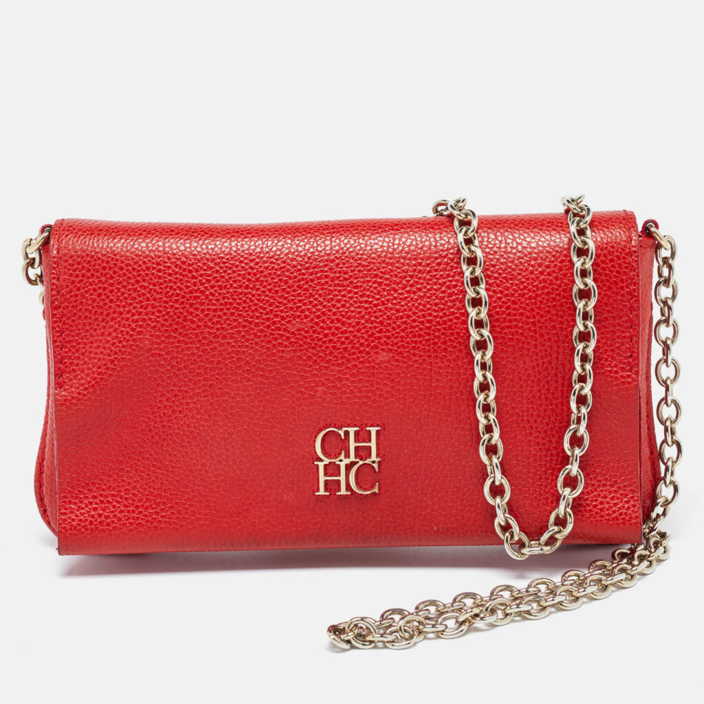 CH Carolina Herrera Red Leather Flap Chain Shoulder Bag