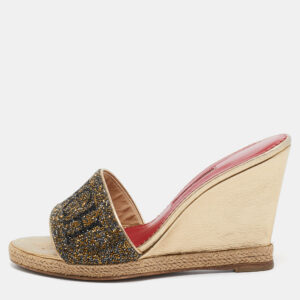 ch carolina herrera metallic glitter and leather  wedge espadrille slide sandals size 39