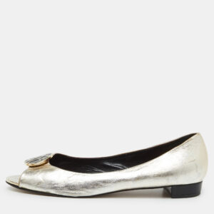ch carolina herrera gold leather logo peep-toe ballet flats size 38