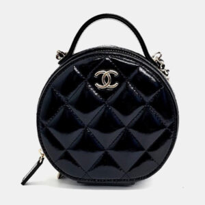 chanel black shiny leather round top handle bag