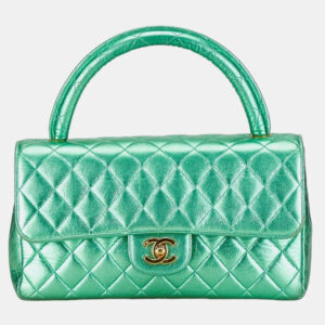 chanel metallic green lambskin leather quilted top handle bag