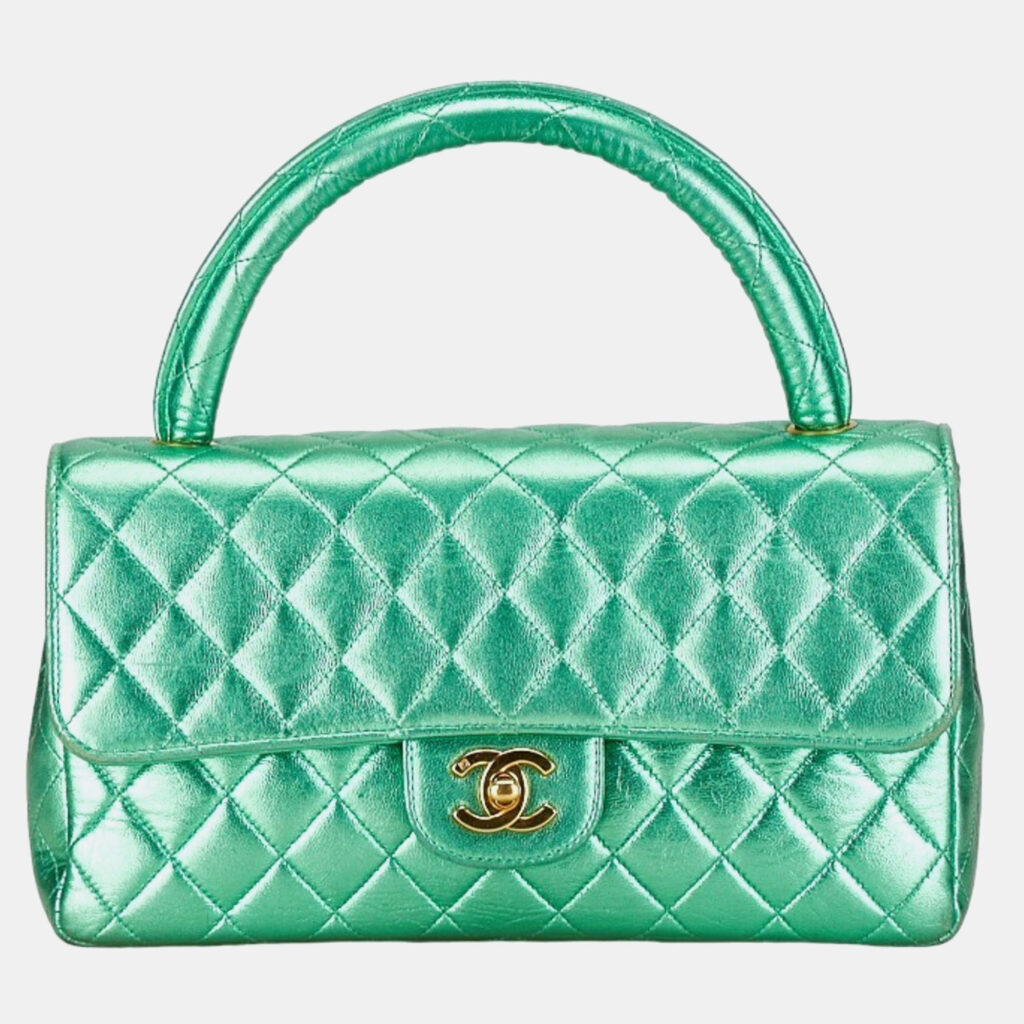 luxury-women-chanel-used-handbags-p1012197-004.jpg Chanel Metallic Green Lambskin Leather Quilted Top Handle Bag