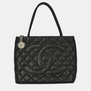 chanel black calfskin medallion tote handbag