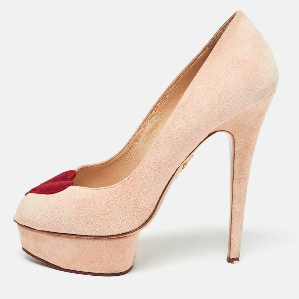 luxury-women-charlotte-olympia-used-shoes-p1020350-011.jpg Charlotte Olympia Pink Suede Delphine Heart Detail Platform Pumps Size 40