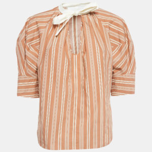 chloe brown stripe print silk neck tie up top m