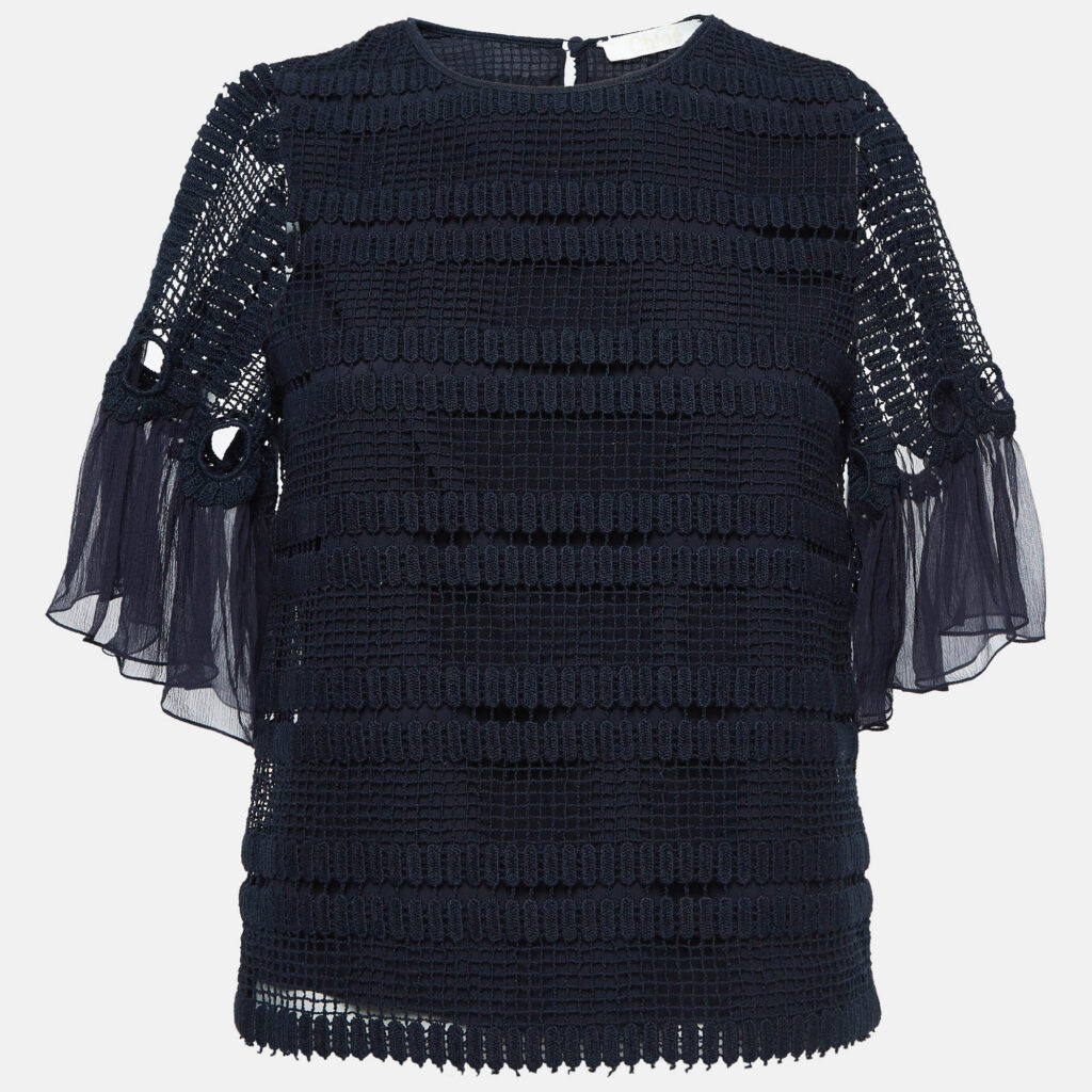 luxury-women-chloe-used-clothes-p1020727-002.jpg Chloe Navy Blue Crochet Flutter Sleeve Top S