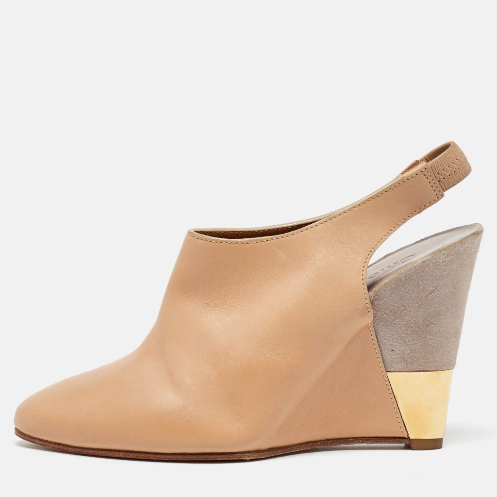 luxury-women-chloe-used-shoes-p1021197-010.jpg Chloe Beige/Grey Leather and Suede Wedge Slingback Pumps Size 34