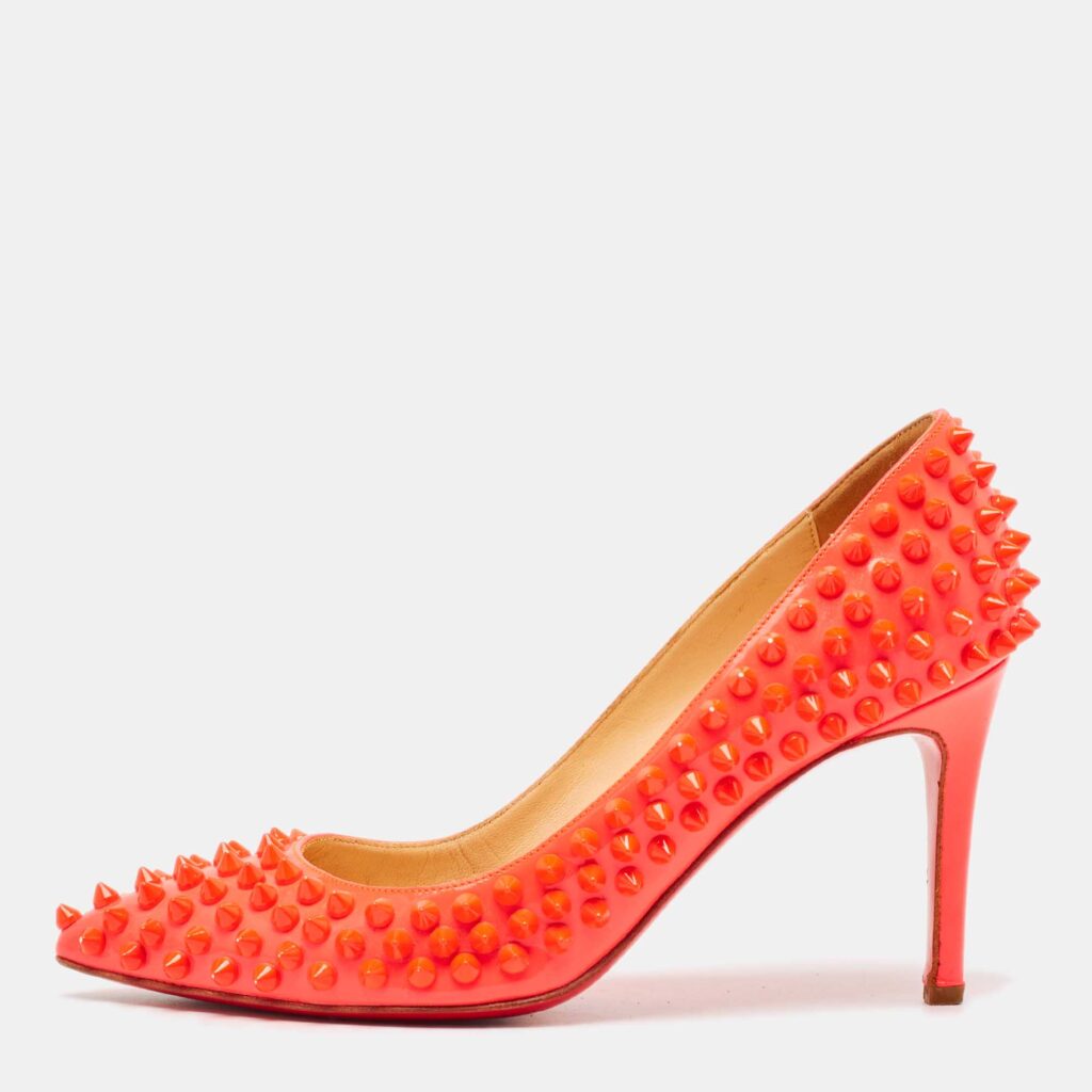 luxury-women-christian-louboutin-used-shoes-p1002163-003.jpg Christian Louboutin Neon Pink Patent Leather Pigalle Spikes Pumps Size 35.5