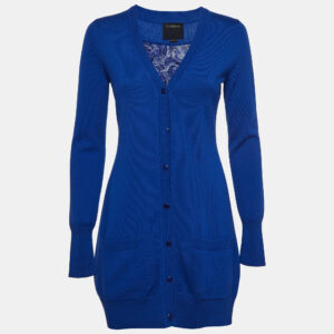 class by roberto cavalli blue wool silk inset buttoned cardigan m