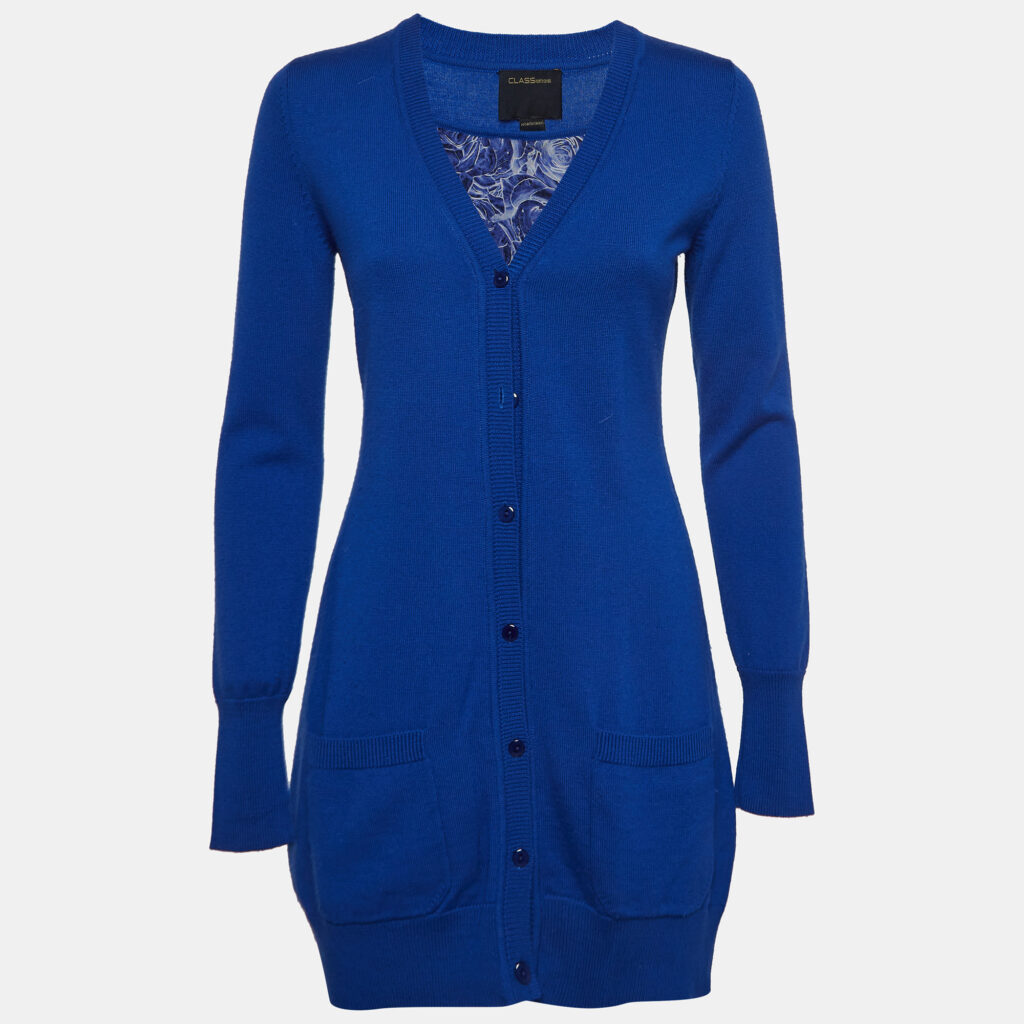 luxury-women-class-by-roberto-cavalli-used-clothes-p1002183-002.jpg Class by Roberto Cavalli Blue Wool Silk Inset Buttoned Cardigan M