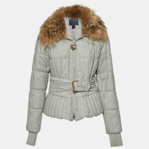 class by roberto cavalli grey wool fur collar zip up jacket m