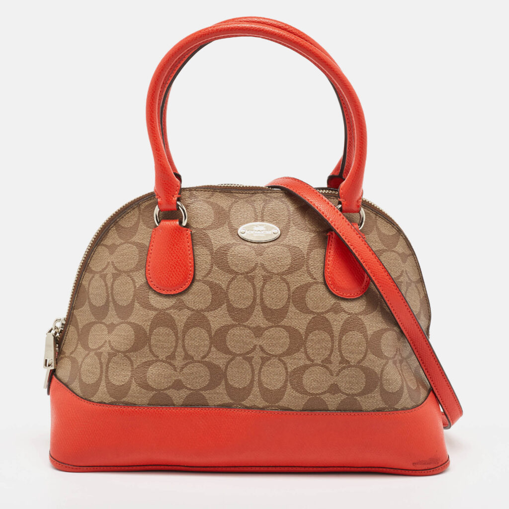 luxury-women-coach-used-handbags-p1001324-017.jpg Coach Orange/Signature Coated Canvas and Leather Cora Dome Satchel