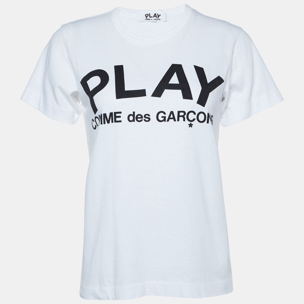 luxury-women-commes-des-garcons-used-clothes-p1010468-004.jpg Comme Des Garcons Play White Logo Print Cotton Crew Neck T-Shirt L