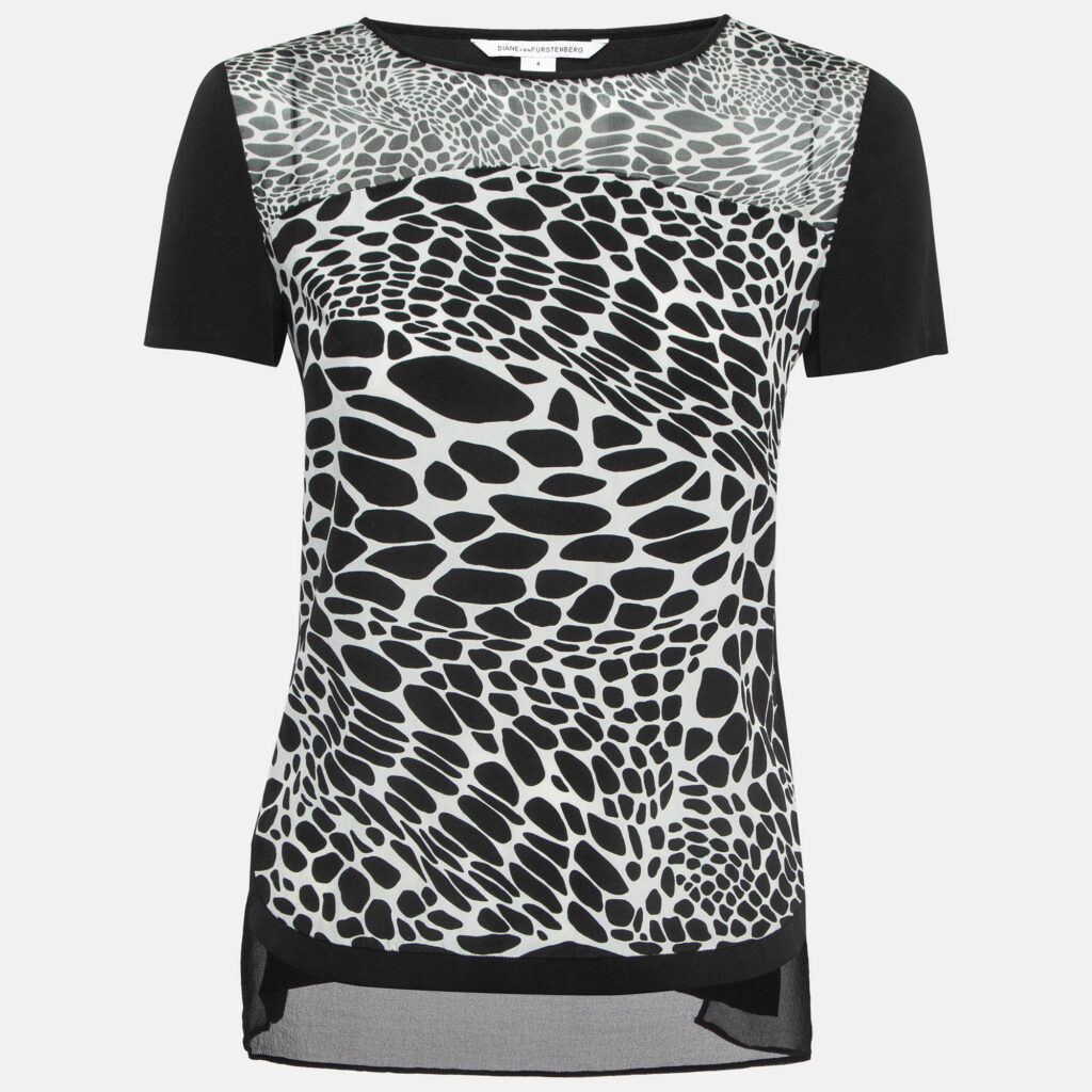 Diane Von Furstenberg Black Printed Silk Becky Top S