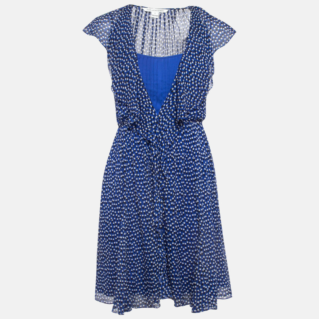 luxury-women-diane-von-furstenberg-used-clothes-p1000692-001.jpg Diane Von Furstenberg Blue Printed Silk V Neck Ruffled Mini Dress XS