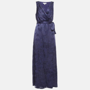 diane von furstenberg navy blue jacquard maxi wrap dress l