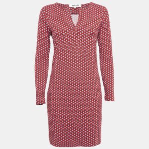 diane von furstenberg red printed knit full sleeves mini dress s