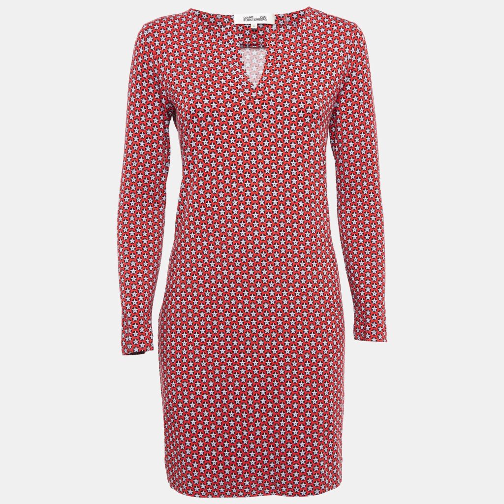 luxury-women-diane-von-furstenberg-used-clothes-p1032985-006.jpg Diane Von Furstenberg Red Printed Knit Full Sleeves Mini Dress S