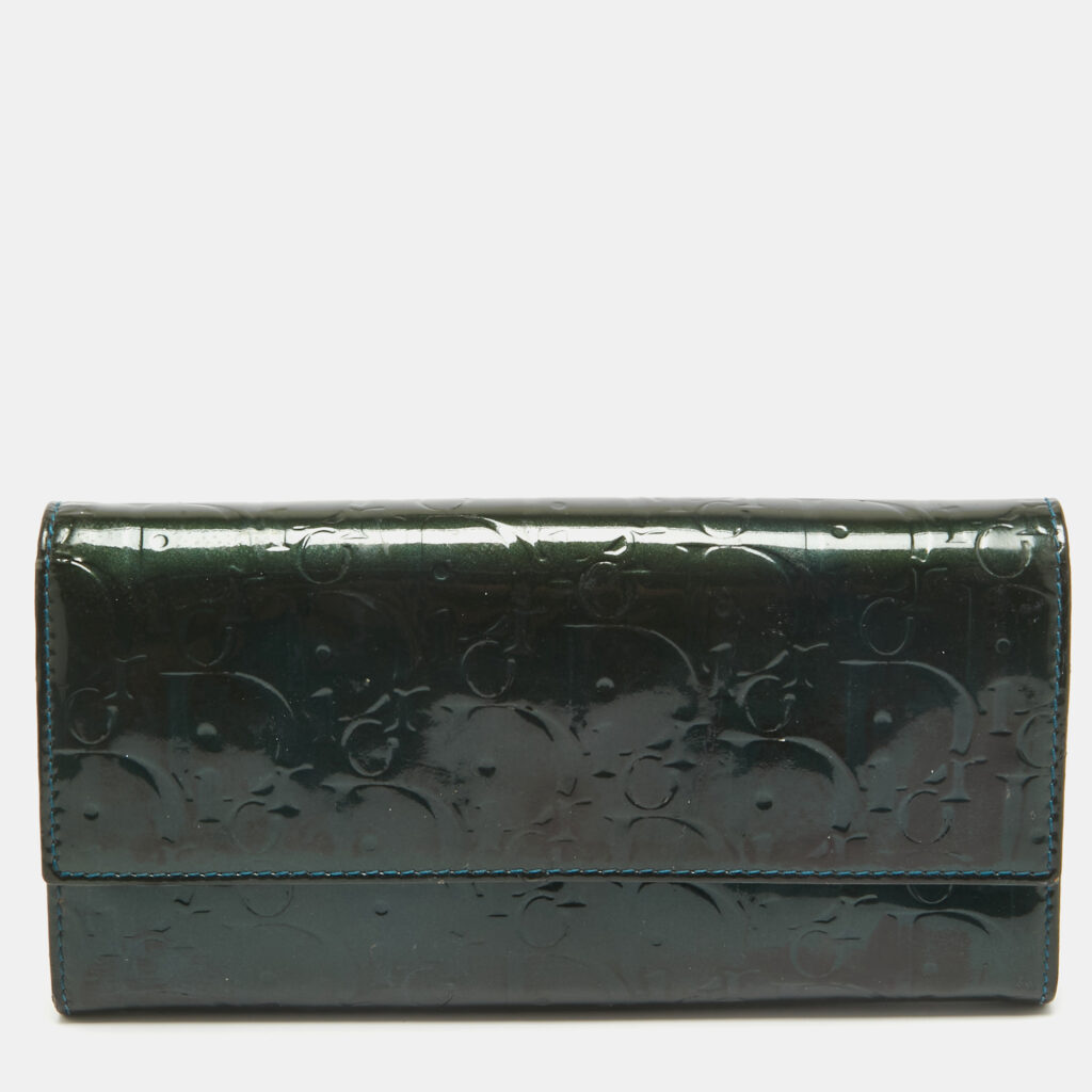 luxury-women-dior-used-handbags-p1006880-009.jpg Dior Green Oblique Embossed Patent Leather Continental Flap Wallet