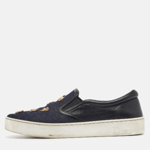 dior navy blue/black denim and leather dior happy sneakers size 38.5