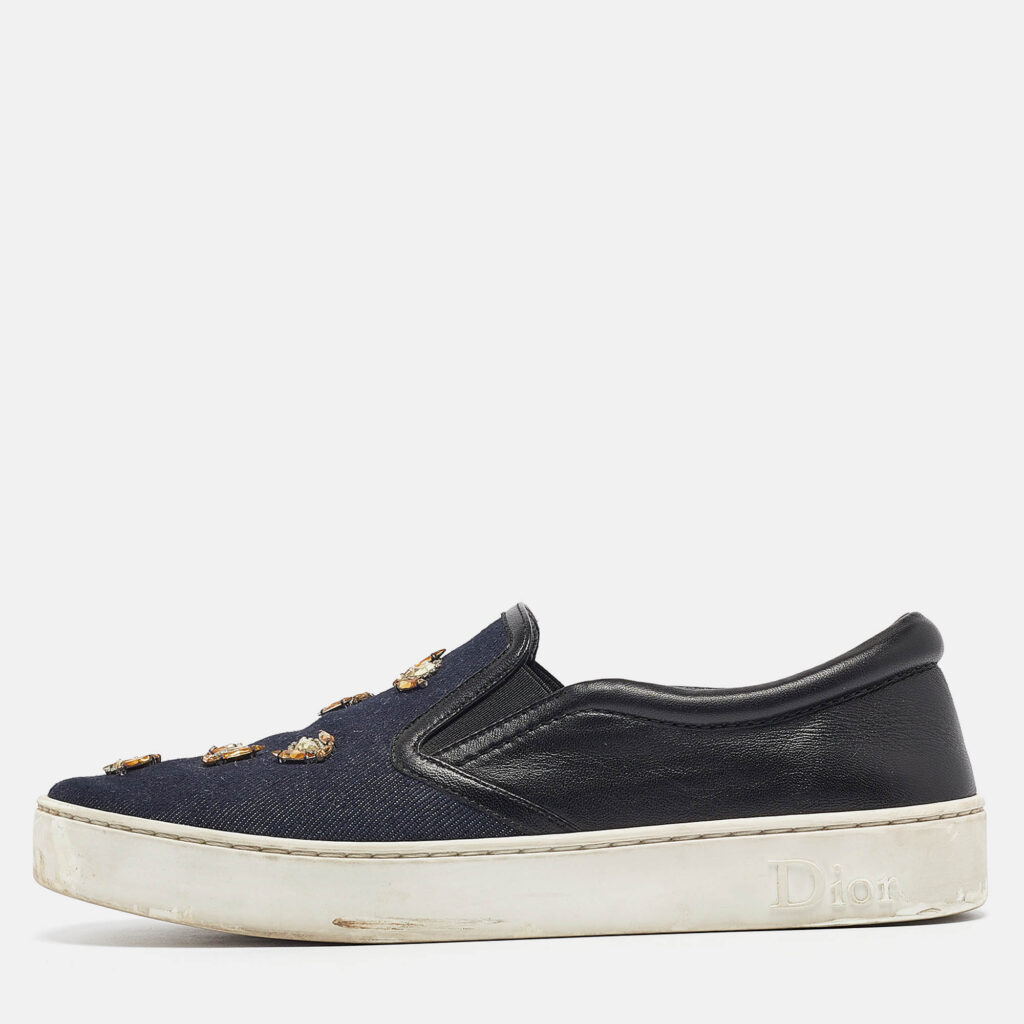 luxury-women-dior-used-shoes-p1013163-010.jpg Dior Navy Blue/Black Denim and Leather Dior Happy Sneakers Size 38.5